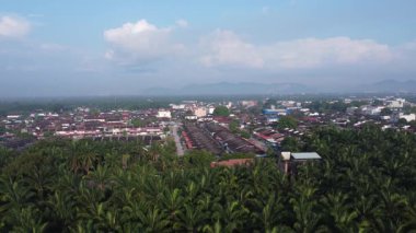 Palmiye yağı tarlasının eteklerindeki uzak evlerin hava görüntüleri.. 
