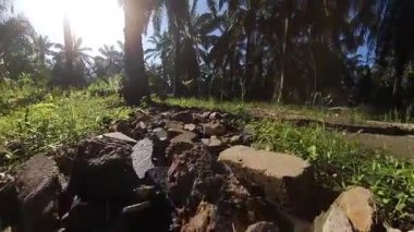 Taşlı ya da kayalık kırsal yolda yürüme hareketi.