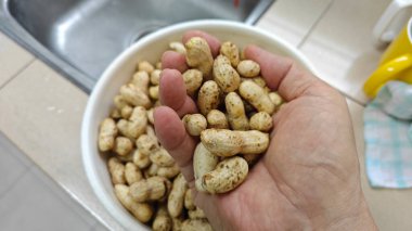 Sergilenen çiğ taze ve iyice yıkanmış fıstık yığını.