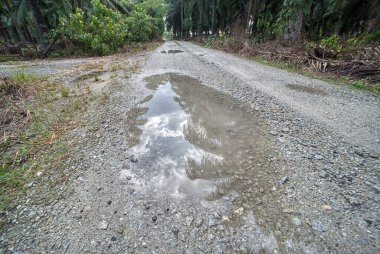 Kırsal toprak yolda sağanak yağış sonrasında durgun su havuzu yansıtıyor. 