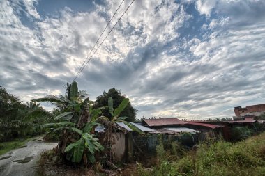 kırsal alana bakıyorum sabahın erken saatlerinde bulutlu gökyüzüne. 