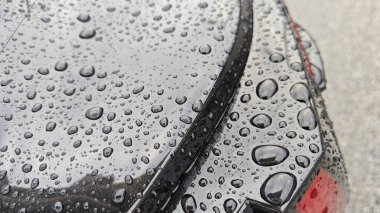 different sizes and shapes of the condensation formation bubbles on the black shiny car surface.