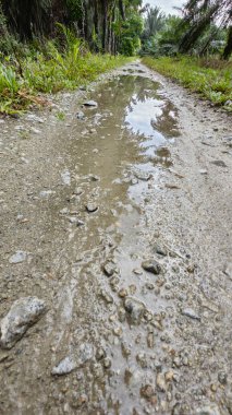 Kırsal toprak yolda sağanak yağış sonrasında durgun su havuzu yansıtıyor.