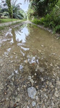 Kırsal toprak yolda sağanak yağış sonrasında durgun su havuzu yansıtıyor.