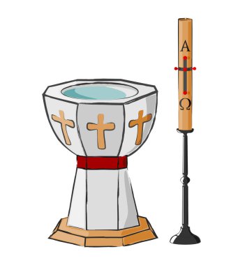 Stone baptismal font and paschal candle on a candlestick clipart