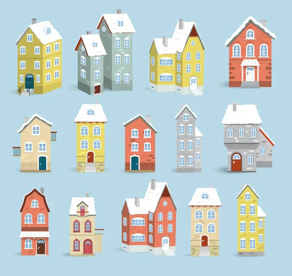 Vector Illustration Historical Colorful Houses Winter Time Stock Vector