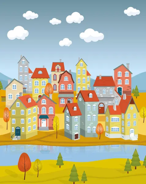 Bild Einer Stadt Mit Klassischen Häusern Fluss Herbst lizenzfreie Stockvektoren