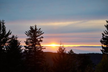 beautiful sunset over the foggy inversion rhine river valley, seen from a hill in the black forest