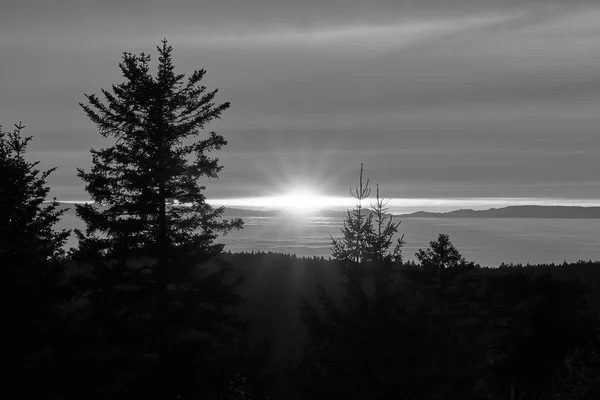 black and white photography of beautiful sunset over the foggy inversion rhine river valley, seen from a hill in the black forest