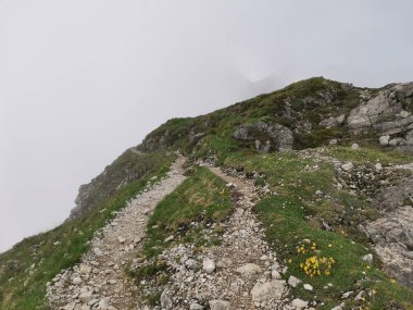 Dağların tepelerinde yürüyüş yolu