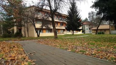 Rüzgar şehir parkında sonbahar yapraklarını taşıyor.