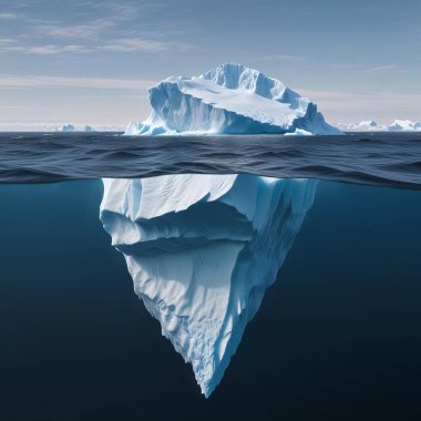 Okyanusta yüzen büyük bir buzdağı, suyun yüzeyinde sadece küçük bir kısmı görülebilirken, buzdağının büyük bir kısmı su altında, görünür ve gizli parçalar arasında çarpıcı bir görsel kontrast oluşturur..