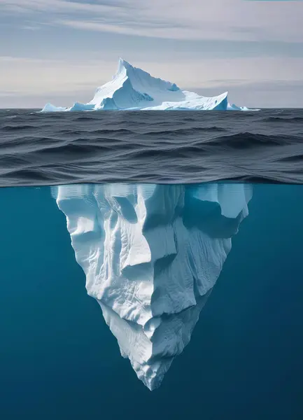 stock image A large iceberg floating in the ocean, with only a small portion visible above the water's surface, while the majority of the iceberg is submerged underwater, creating a striking visual contrast between the visible and hidden parts.