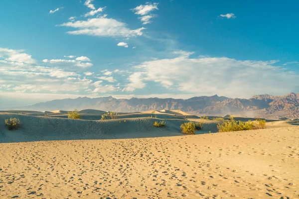 Mesquite Sand Dunas Montañas Cielo Nublado Fondo Parque Nacional Death — Foto de Stock