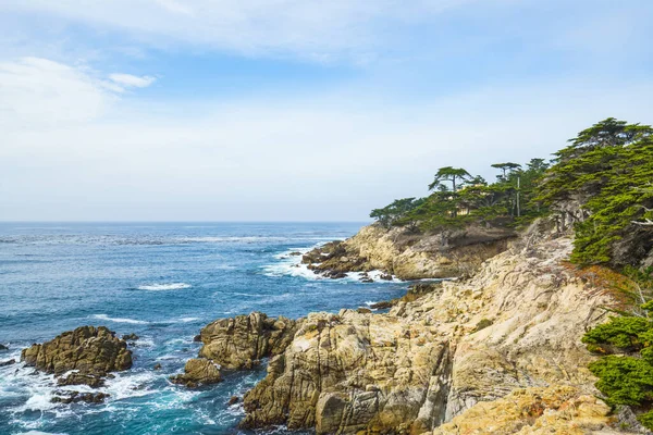 Monterey Bay Californië Rotsachtige Kustlijn Cipressen Stille Oceaan Prachtige Bewolkte — Stockfoto