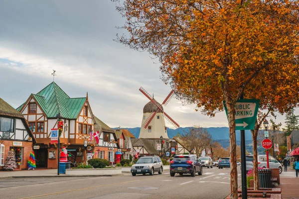 stock image Solvang, California, USA - December 8, 2022  Solvang Main Street. Architecture, street view, traditional Danish Style, little Denmark in California