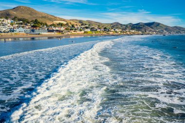 Cayucos Eyalet Plajı Kaliforniya 'nın merkez kıyısındaki Cayucos kasabasının rıhtımında.