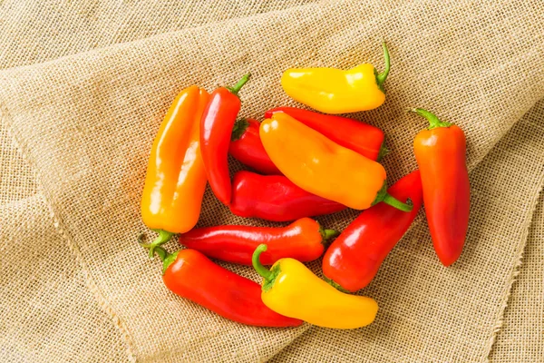 Fresh sweet peppers assortment. Red pepper, yellow pepper, orange pepper close-up on a rustic backgrpund, flat lay