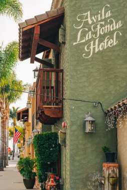 Avila Beach, California, USA - February 2, 2023.  Avila La Fonda Hotel, downtown of Avila Beach, CA. The hotel is recognized by TripAdvisor as a Traveler Choice Top 25 Romantic Hotels is the US.