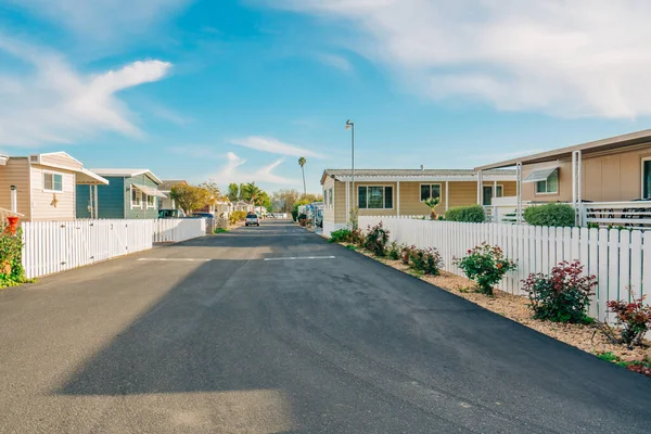 Mobile home park, age-restricted (55+) community in small beach town in California. Architecture, street view