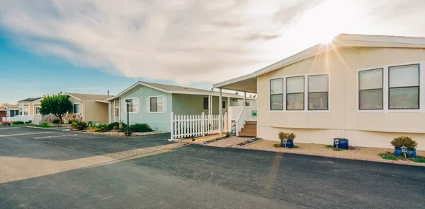 Mobile home park, age-restricted (55+) community in small beach town in California. Architecture, street view