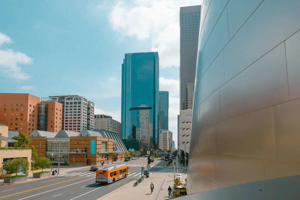 stock image Los Angeles, California, USA - April 25, 2023. Los Angeles skyscrapers in downtown the city, traffic, pedestrians. Street view from The Walt Disney Concert Hall