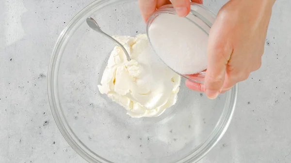 Cream Cheese Sugar Bowl Cheesecake Recipe Mixing Ingredients Glass Bowl — Stock Photo, Image