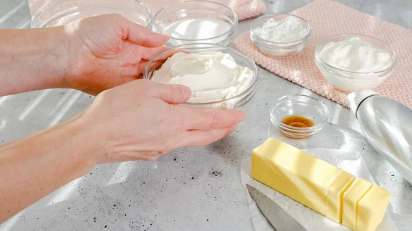 Ricetta Torta Formaggio Ingredienti Primo Piano Sul Tavolo Della Cucina — Foto Stock