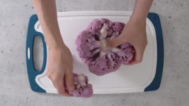 女性は紫色のカリフラワーを小花に入れ 調理プロセス 上からの眺め — ストック動画