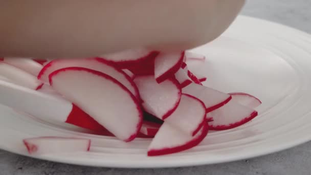 Rettichscheiben Großaufnahme Auf Einem Weißen Teller Auf Weißem Hintergrund Rettichsalat — Stockvideo