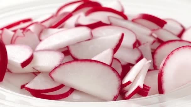 Radish Slices Close White Plate White Background Radish Salad Recipe — Stock Video