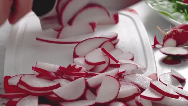 Chef Slicing Fresh Radishes White Cutting Board Spring Salad Recipe — Stock Video