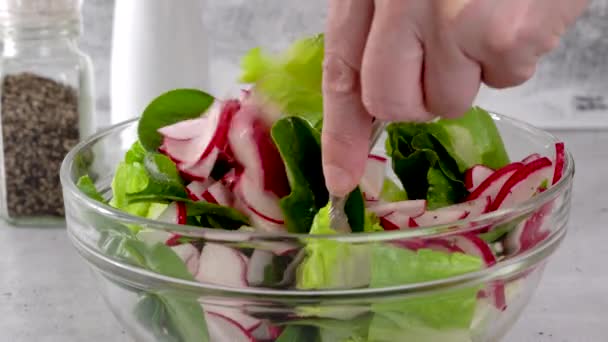 Voorjaarssalade Een Glazen Kom Citroen Olijfolie Salade Dressing Verse Radijs — Stockvideo