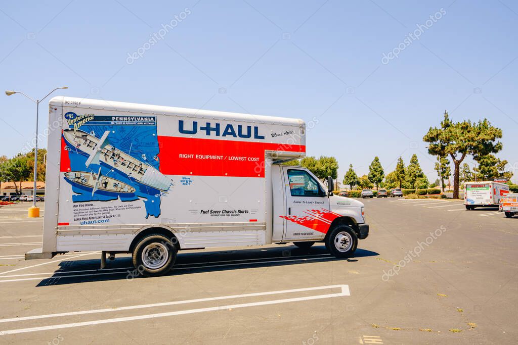 Santa Maria, California, USA-June 29, 2022.  U-Haul moving van garage and parking lot in Santa Maria, California. U-Haul company offers moving and storage solutions.
