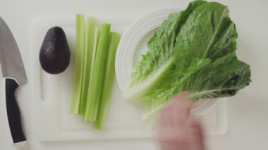 Kereviz ve avokado soslu marul salatası ve limon ve zeytin yağı sosu tarifi. İçerikler beyaz arkaplanda yakın plan, yukarıdan görünüm