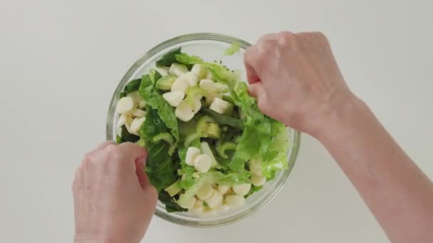 Saláta Zeller Avokádó Saláta Mozzarellával Citrom Olívaolaj Salátaöntet Üvegtálban Fehér — Stock videók
