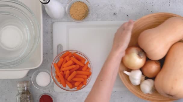 Butternut Squash Soup Recipe Preparation Process Raw Vegetables Spices Close — Stock Video