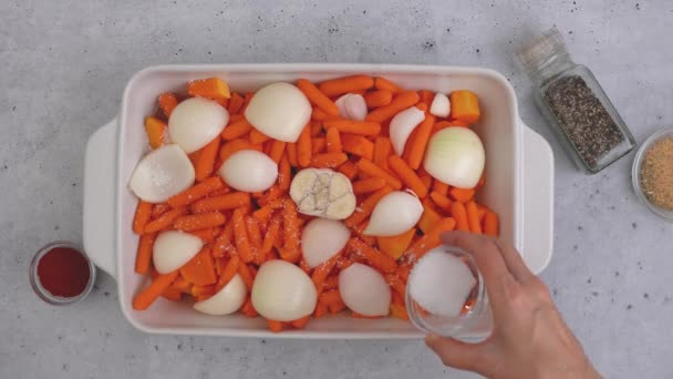 Receita Sopa Abóbora Assada Cubos Abóbora Descascados Sem Sementes Cenoura — Vídeo de Stock