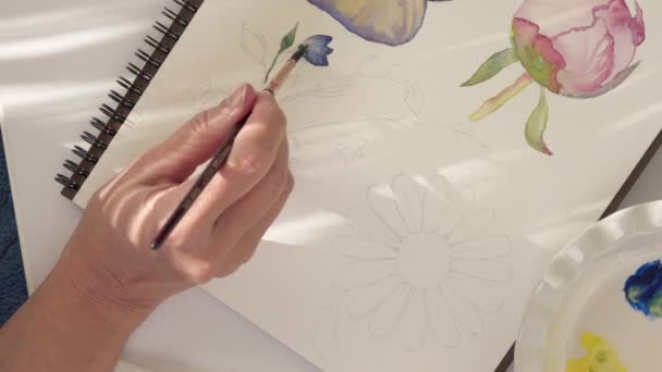Pintura Aquarela Desenho Flores Close Vídeo Arte Aprender Desenhar Conceito — Vídeo de Stock