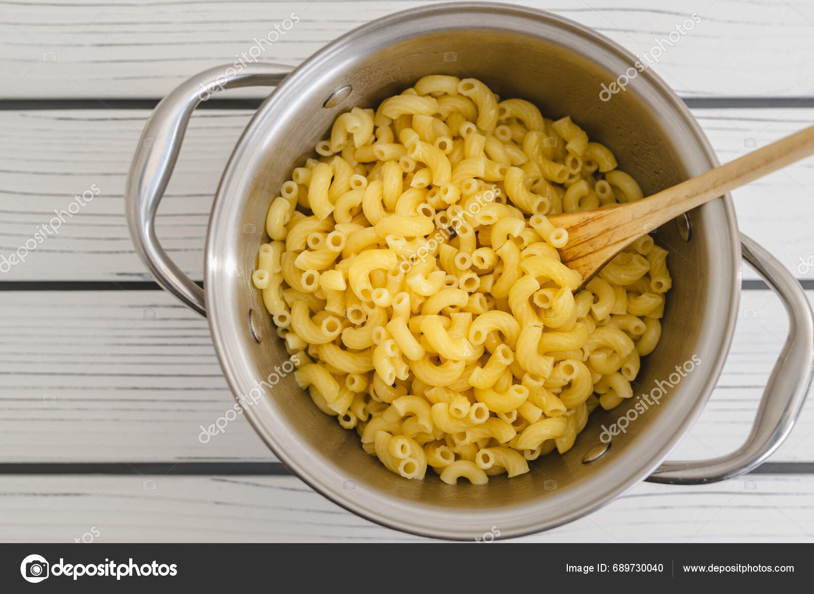 Cooked Pasta Pot Elbows Pasta Cooking Pot Close Table Stock Photo by