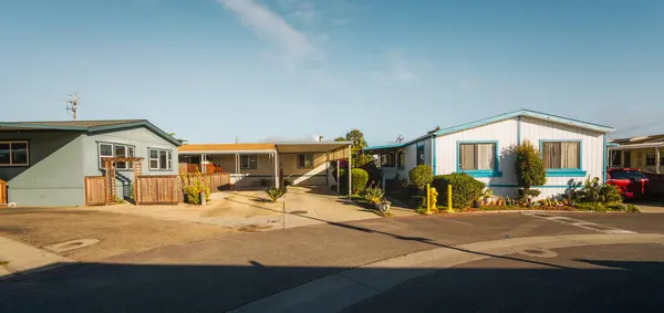 Mobile home park, age-restricted (55+) community in small beach town in California. Architecture, lifestyle, street view
