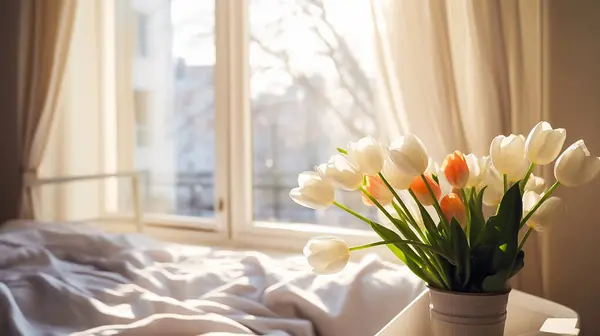 Yatak Odasında Bir Sabah Pencereden Süzülen Yumuşak Güneşli Bir Işık Stok Resim
