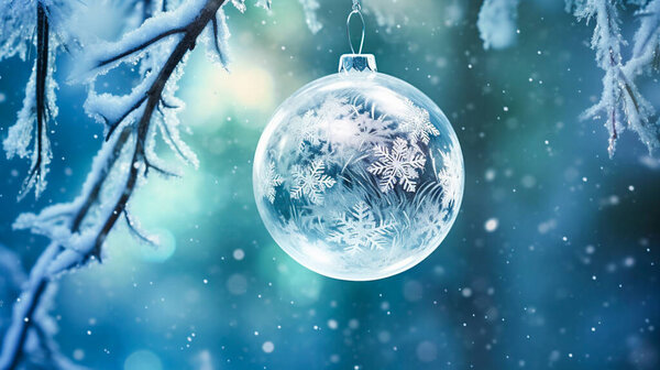 Macro photo of a frozen transparent glass Christmas ball hanging on a branch of a snowy tree in the forest. AI-generated image