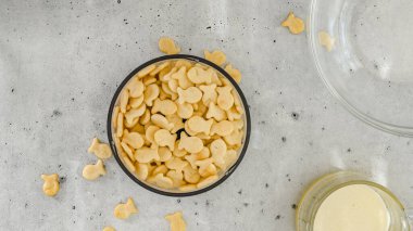 Peynirli kek tarifi için kraker kabuğu. Ev yapımı mini cheesecake hazırlama süreci, yakın çekim malzemeleri.