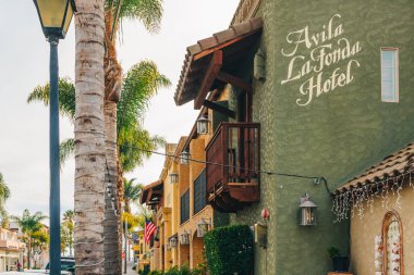 Avila Beach, California, USA - February 2, 2023.  Avila La Fonda Hotel, downtown of Avila Beach, CA. The hotel is recognized by TripAdvisor as a Traveler Choice Top 25 Romantic Hotels is the US.