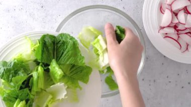 Bahar salatası tarifi. Marul, ıspanak ve turpu karıştırıyorum. Yakın çekim hazırlık süreci, tarif, yukarıdan görünüm