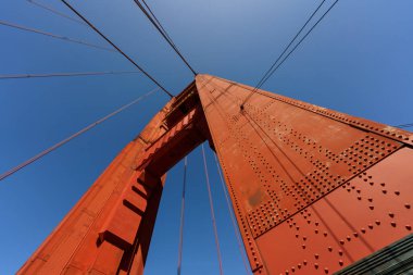 Altın Kapı Köprüsü 'nün yukarıdaki manzarasında kablolar ve açık mavi gökyüzü var..