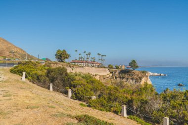 Okyanus manzaralı kayalık evler ve açık mavi gökyüzünün altında yüksek palmiye ağaçları..