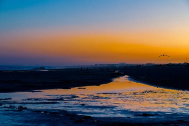 Golden hour at the beach with silhouettes and a tranquil reflection on the wet sand. clipart