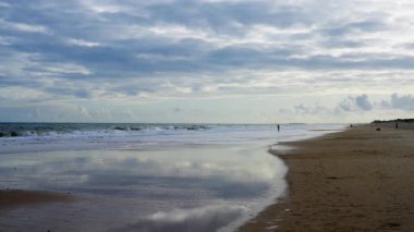 Plajın yansıtıcı ıslak kumları boyunca sakin bir sabah balıkçılığı. Yüksek kalite 4k görüntü